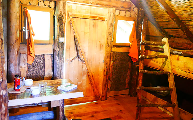 Overall outside view of the Wooden Hut of the Lumberjack, rental of atypical cabins in the Higher Rhine at the Campsite Les Castors