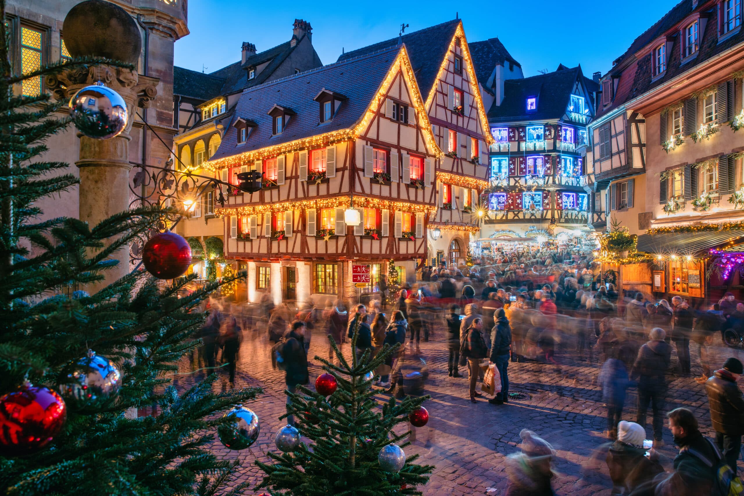 christmas decorations in the christmas market, colmar, alsace, france