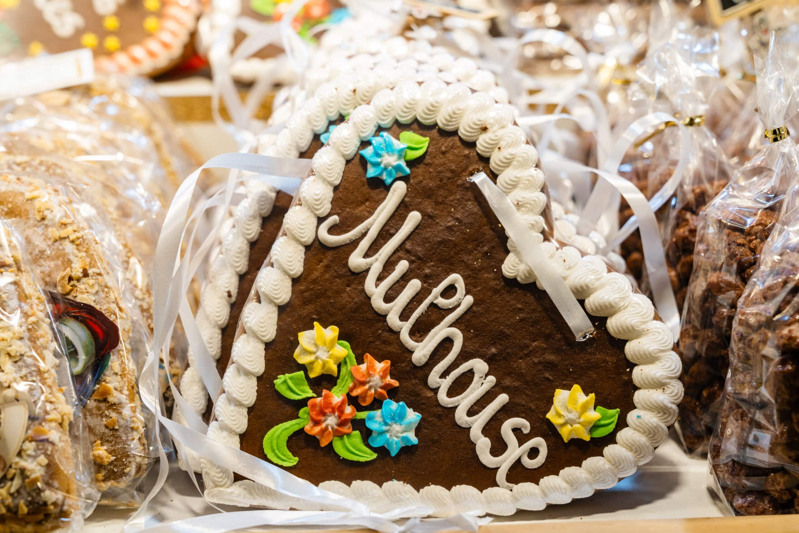 mulhouse decorated gingerbread heart cookie for sale at the mulhouse france christmas market